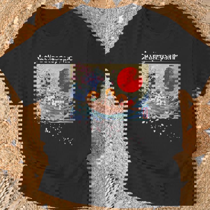 日本 版画 ダッチ デコイ スパニエル デコピン 神奈川の波 海 桜 Tシャツ 高齢者への贈り物