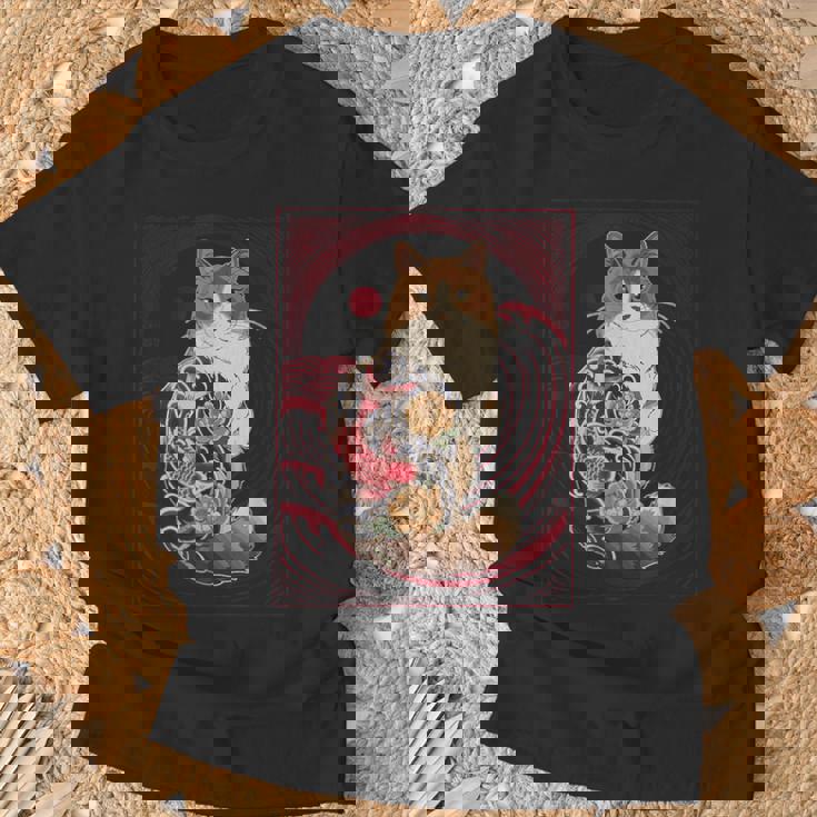 日本の鯉タトゥー猫アート美的ヴィンテージライジングサン Tシャツ 高齢者への贈り物