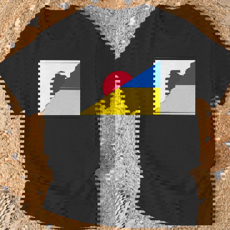 日本ウクライナ国旗日本語ウクライナサポートスタンド付き Tシャツ 高齢者への贈り物