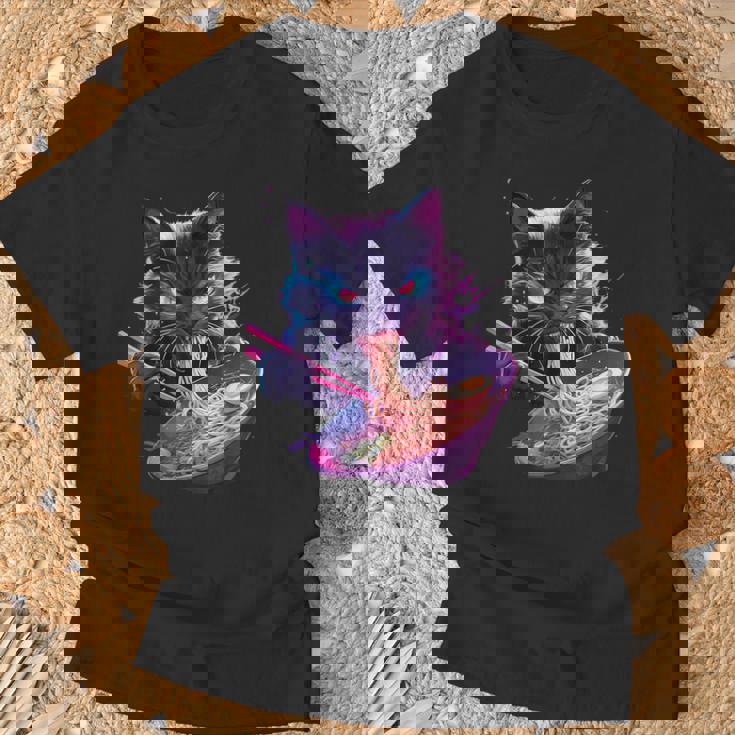 日本美術 ラーメン 猫 忍者 シンセウェーブ スタイル サムライキャット Tシャツ 高齢者への贈り物