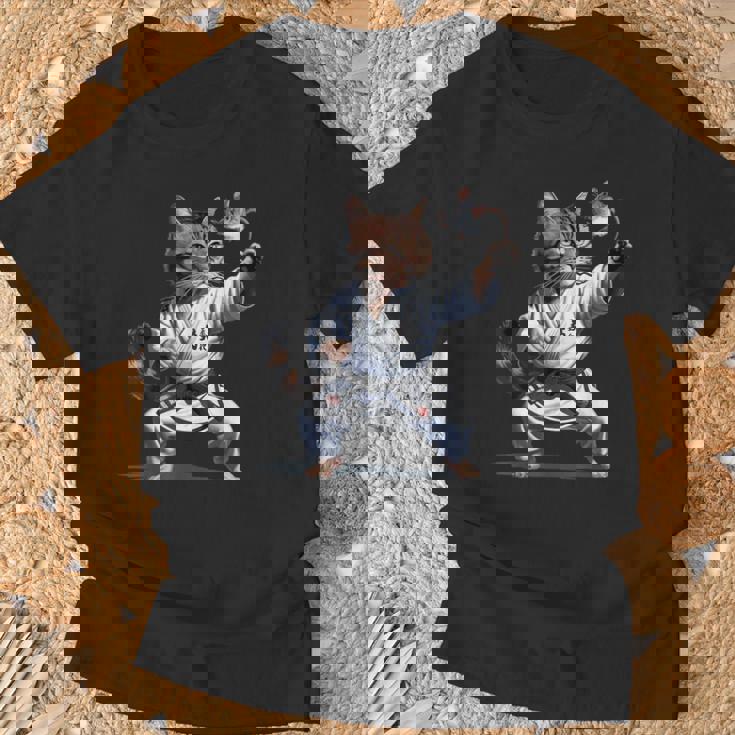 格闘技 猫 空手 黒帯 おもしろ戦闘機 Tシャツ 高齢者への贈り物