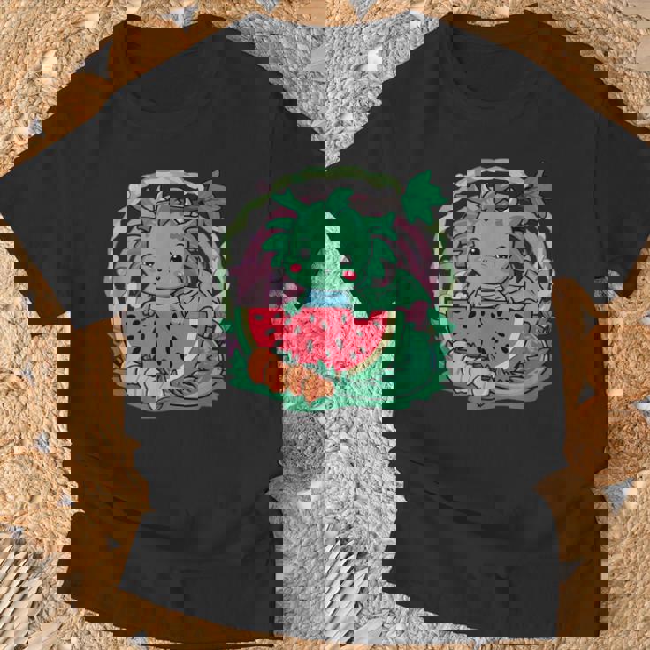 桃とスイカの漫画かわいいドラゴン Tシャツ 高齢者への贈り物