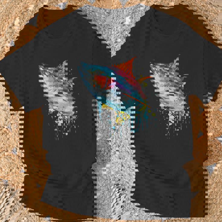 水彩 マグロ 魚 カラフル 海釣り 釣り Tシャツ 高齢者への贈り物