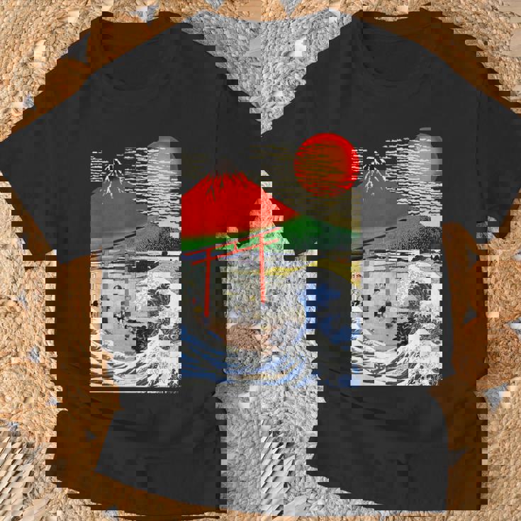 江戸日本 浮世白斎 赤富士山・津波 Tシャツ 高齢者への贈り物