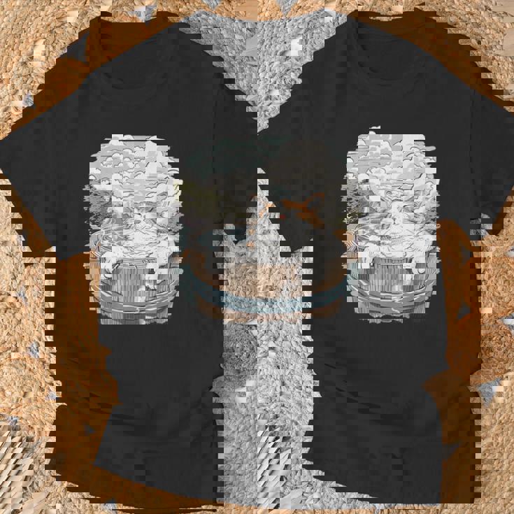 温泉 風呂 子猫 ペット好き 日本画 かわいい 猫 Tシャツ 高齢者への贈り物