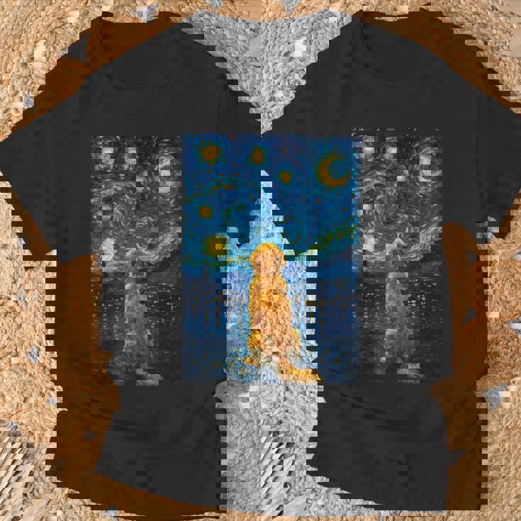 犬 天体観測 ゴッホ 夜空 ゴールデンレトリバー ラブラドール Tシャツ 高齢者への贈り物