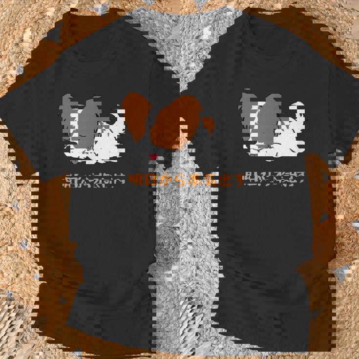 犬 おもしろ 明日から本気出す 可愛い パピヨン トイ スパニエル ファレーヌ Tシャツ 高齢者への贈り物