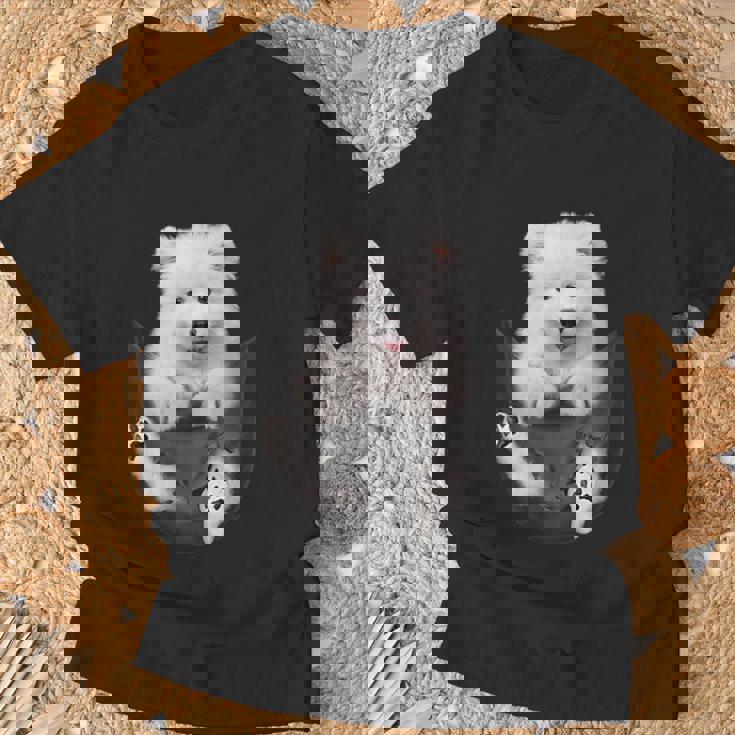 犬好きの方へのギフト サモエド ポケットに入った面白い犬の顔 Tシャツ 高齢者への贈り物