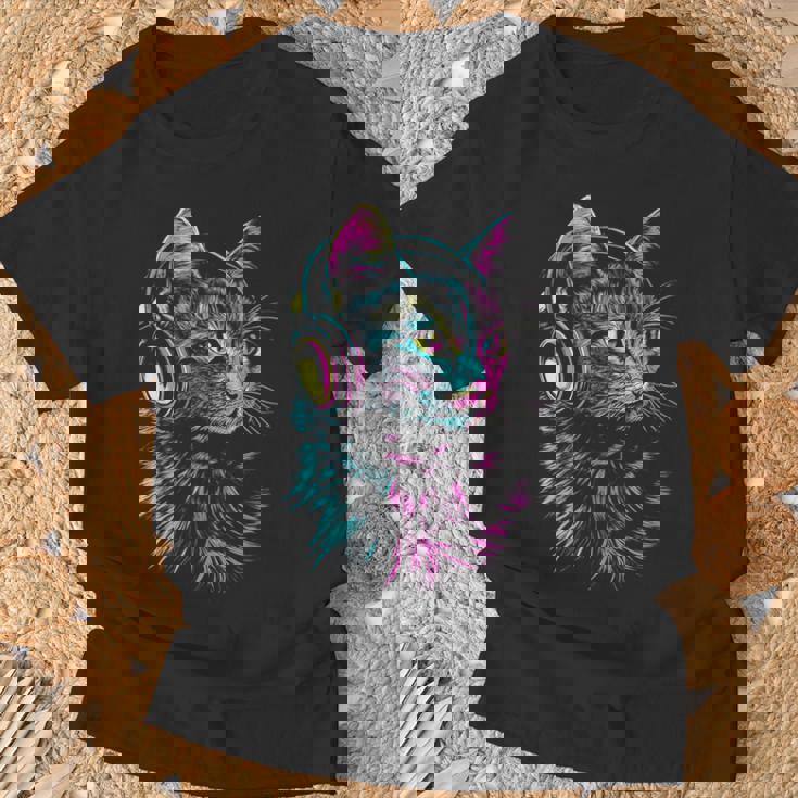 猫 動物 モチーフ 音楽 ヘッドホン イラスト 猫 Tシャツ 高齢者への贈り物