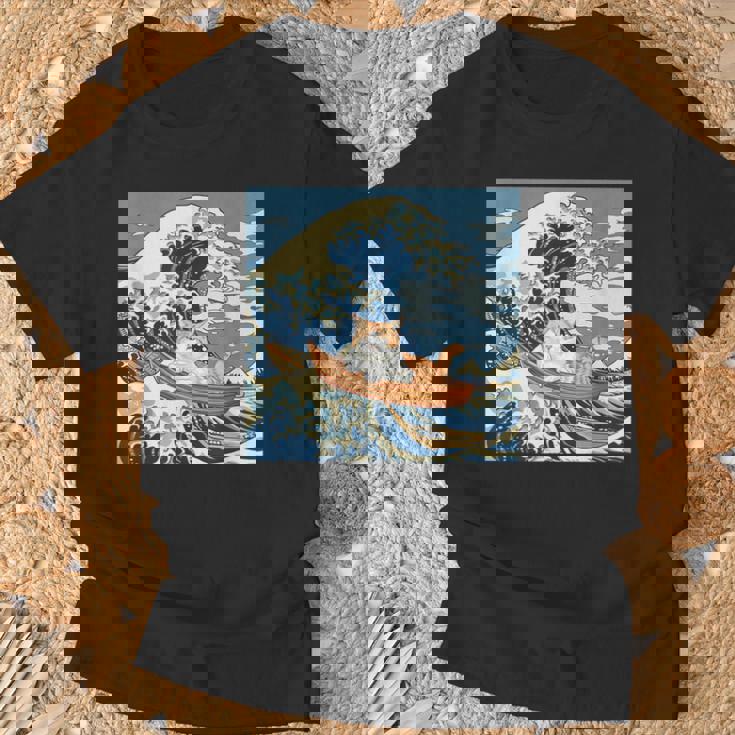 猫 葛飾北斎 神奈川沖浪裏 ネタ 冗談 ギャグ かわいい Tシャツ 高齢者への贈り物