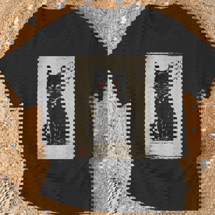 猫 鬼 ハロウィン 日本 ミニマリスト 墨絵 浮世絵風 Tシャツ 高齢者への贈り物