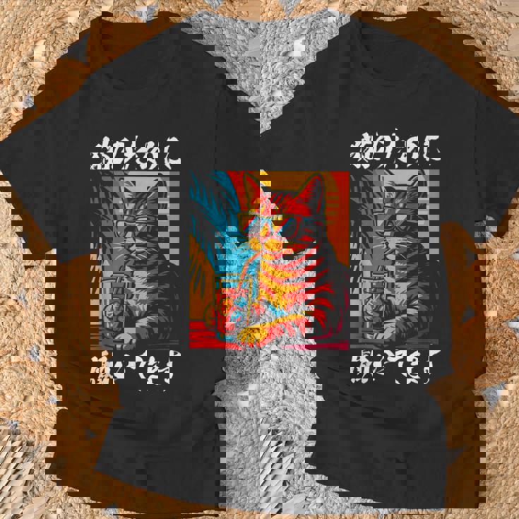 猫のために働いています レトロビーチスタイル猫 面白い Tシャツ 高齢者への贈り物