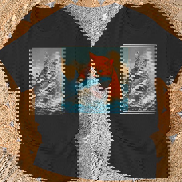 猫のサメ、面白い猫がサメを噛むサメ、サメと猫 Tシャツ 高齢者への贈り物