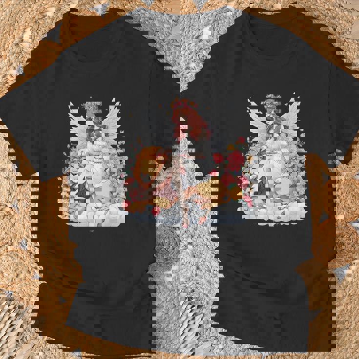 花に囲まれたライオンの天使 美しい天使 Tシャツ 高齢者への贈り物