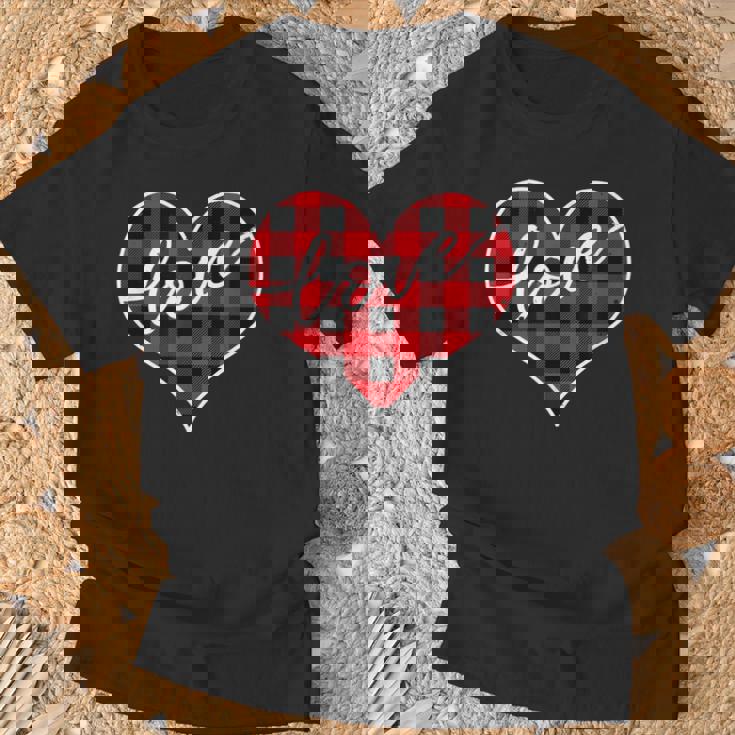 赤黒チェックハート「Love」 Tシャツ 高齢者への贈り物