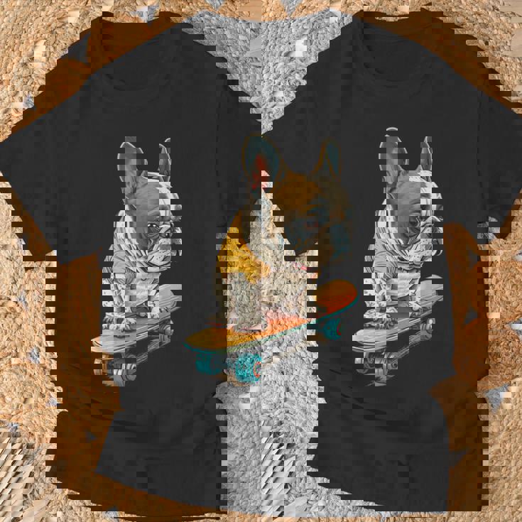 面白い フレンチブルドッグ スケートボード スケーター 犬 イングリッシュドッグ Tシャツ 高齢者への贈り物