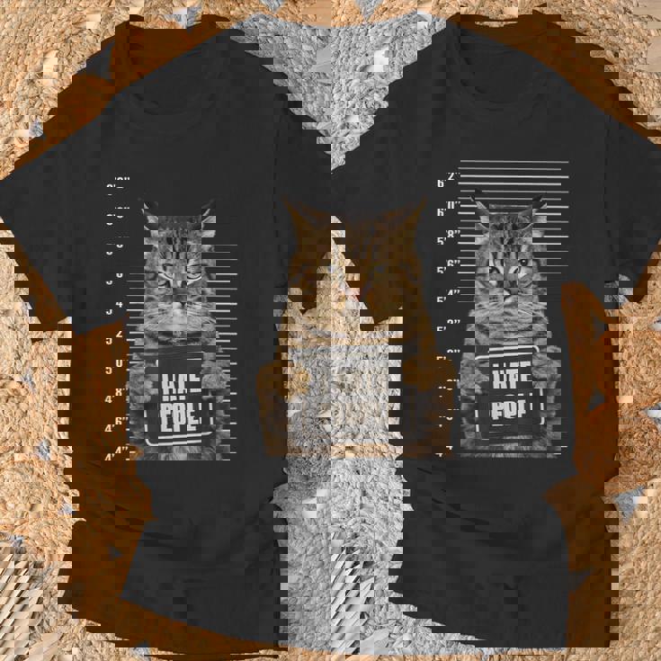 面白い 逮捕された犯罪者猫 マグショット I Hate People Cat Lover Tシャツ 高齢者への贈り物