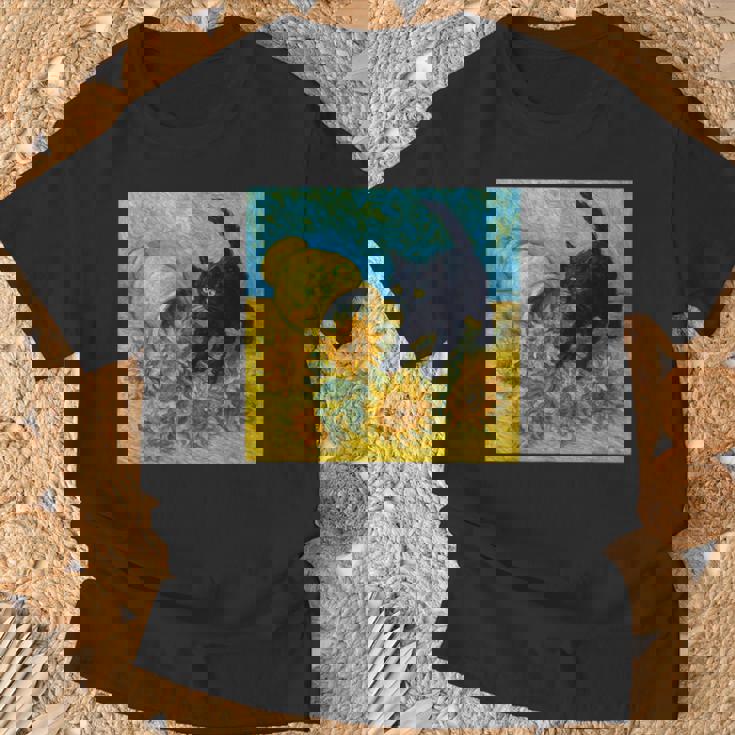 面白いゴッホのひまわり、猫のミーム、黒猫のアート。 Tシャツ 高齢者への贈り物