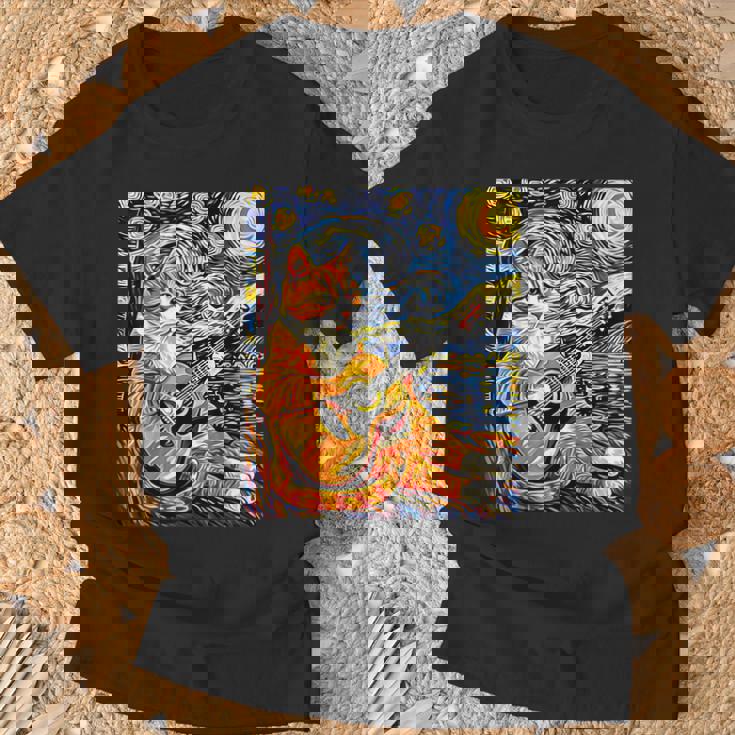 面白いレトロなデザインの猫がギターを弾く 星月夜 Tシャツ 高齢者への贈り物