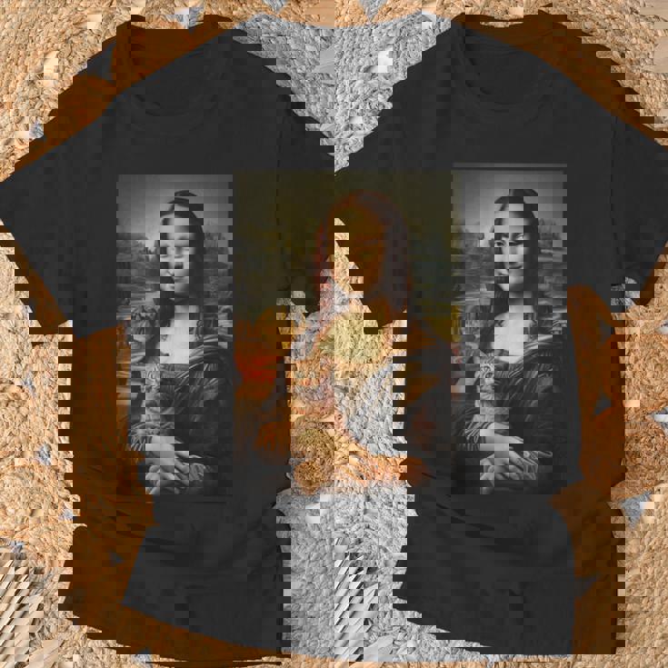 面白い猫 モナリザ 絵画 アート ママ お父さん Tシャツ 高齢者への贈り物