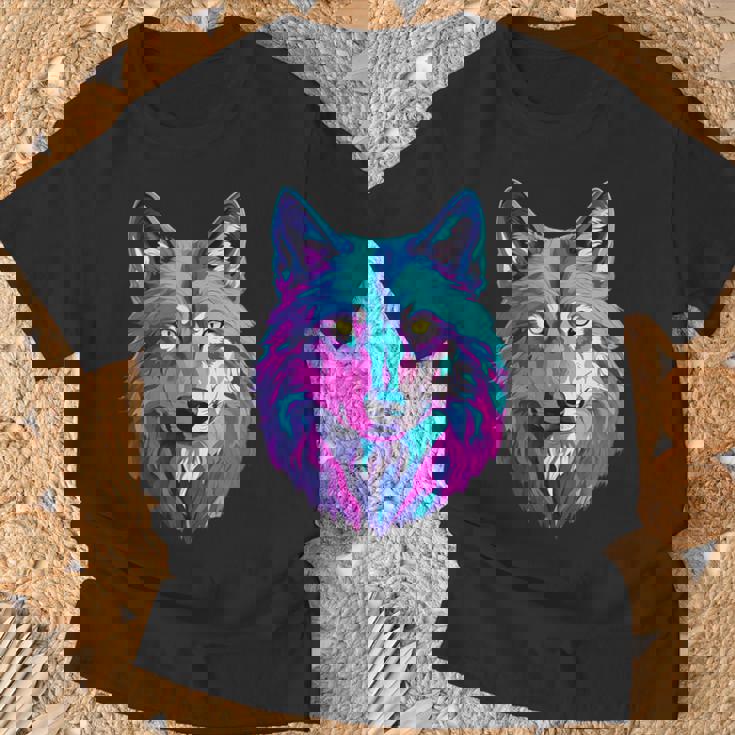 鮮やかなマルチカラーオオカミ Tシャツ 高齢者への贈り物