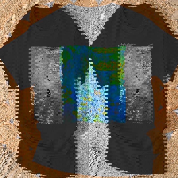 黒猫モネのスイレン絵画アート 猫好き Tシャツ 高齢者への贈り物