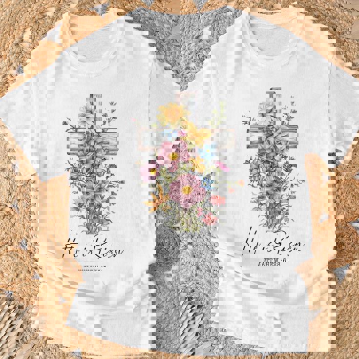 He Is Risen 花柄 十字架 春の花 イースター クリスチャ Tシャツ 高齢者への贈り物