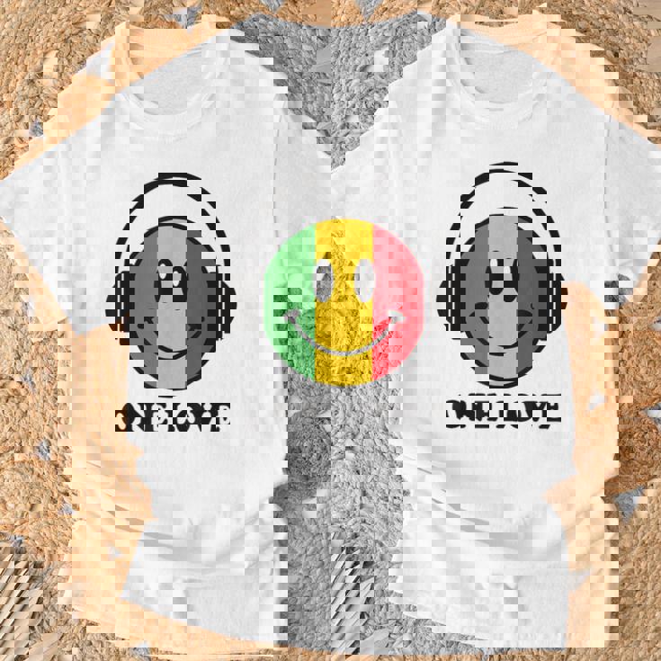 One Love ラスタ レゲエ 音楽 ヘッドホン スマイルフェイス ラスタファリ Tシャツ 高齢者への贈り物