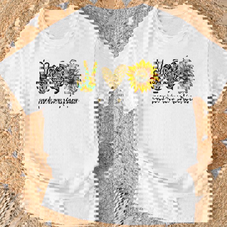 Peace Love サンシャイン ヒッピー ひまわり ヒマワリ 恋人へのギフト Tシャツ 高齢者への贈り物