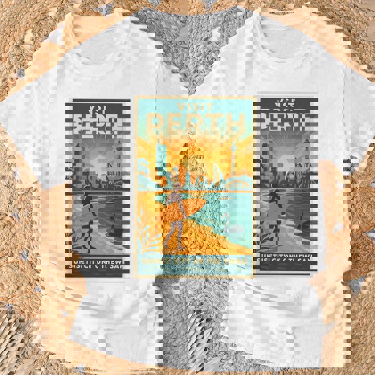 Perth Australia – ビンテージ旅行ポスタースタイル 長袖tシャツ Tシャツ 高齢者への贈り物