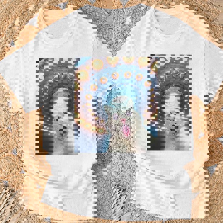 Ufo エイリアンフライングソーサー付き面白い白猫愛好家セルフィー 長袖tシャツ Tシャツ 高齢者への贈り物