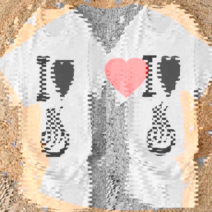 【バックプリント・背中側】アイラブ・温泉 マーク お風呂 銭湯 記号 お土産 旅行 ハート スタッフ 面白い Tシャツ 高齢者への贈り物