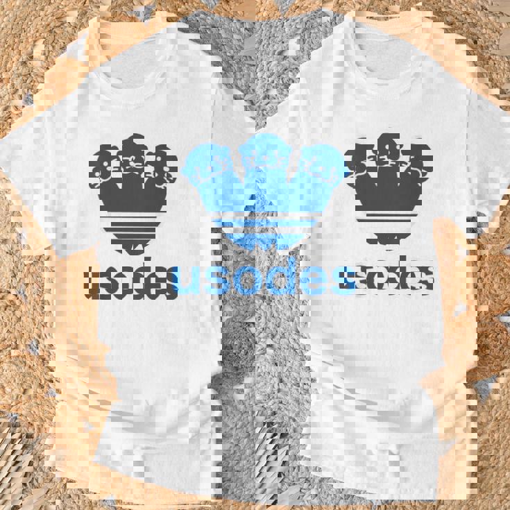 【バックプリント・背中側】ウソデス Usodes かわうそです。《ブルー 青》スポーツ ブランド パロディ 面白い Tシャツ 高齢者への贈り物