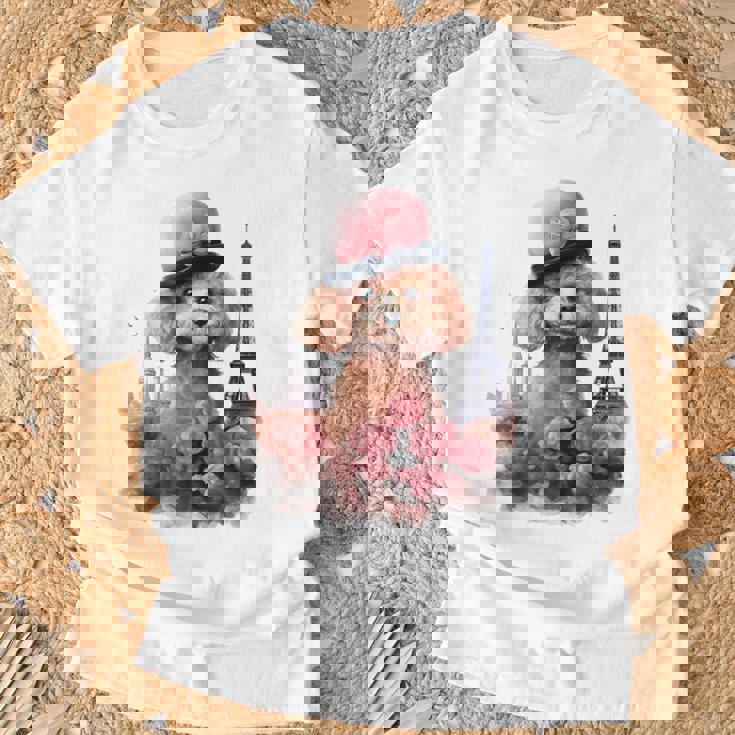 かわいいフレンチパリエッフェル塔トイプードル パリジャンプードル Tシャツ 高齢者への贈り物