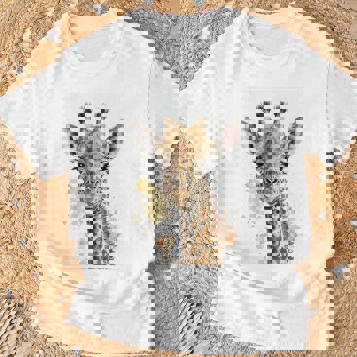 かわいい水彩画 キリン 赤ちゃん 美的 動物 アート 絵画 長袖tシャツ Tシャツ 高齢者への贈り物