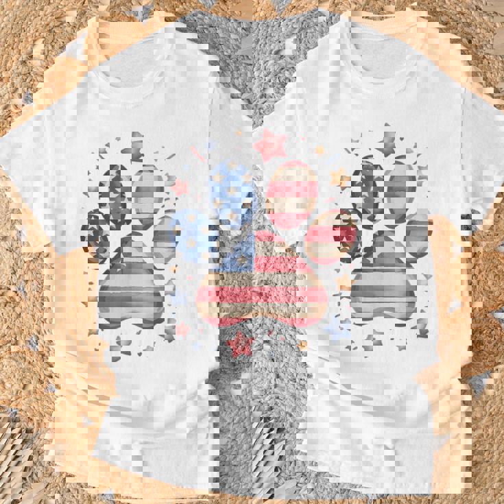 アメリカ国旗 愛国的な犬と猫の足跡プリント 7月4日 犬 Tシャツ 高齢者への贈り物