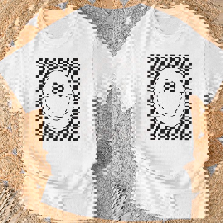 イエロー スマイル フェイスシャツ かわいい チェック柄 スマイル ハッピー Tシャツ 高齢者への贈り物