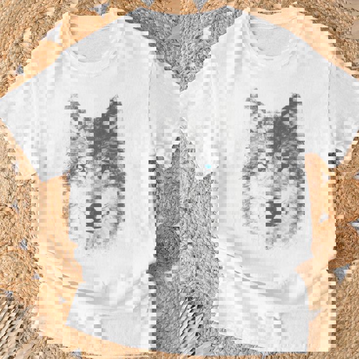 オオカミの顔 青い目 美的スマッジアートスタイル 野生動物 Tシャツ 高齢者への贈り物