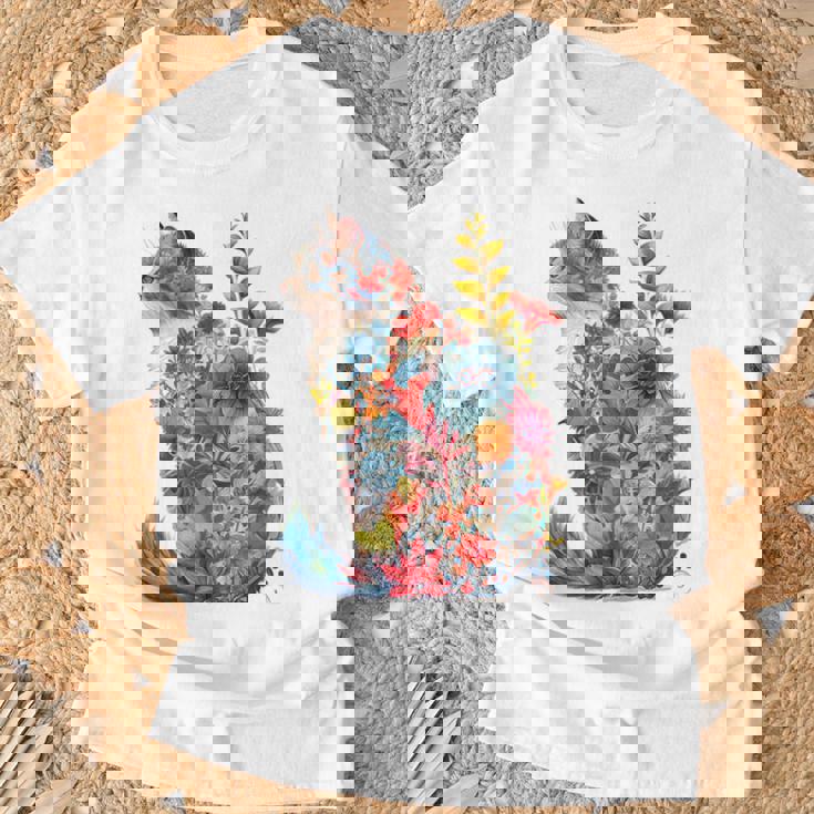 カラフル 花 猫 Tシャツ 高齢者への贈り物