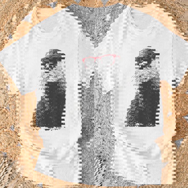 カワウソ アニマル柄 動物園 図面 イラスト 顔 カワウソ Tシャツ 高齢者への贈り物