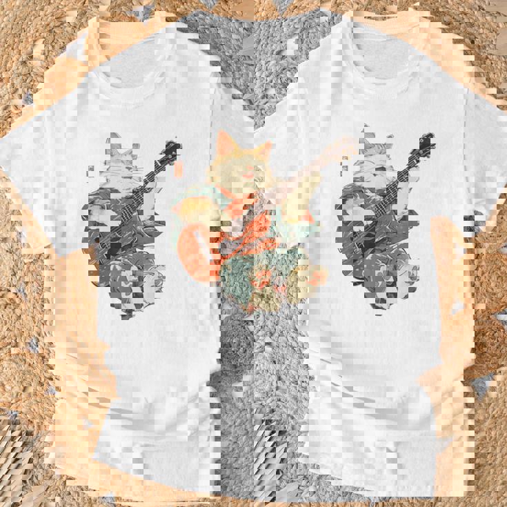 ギターを弾く日本の侍猫 忍者 浮世絵 アニメ Tシャツ 高齢者への贈り物