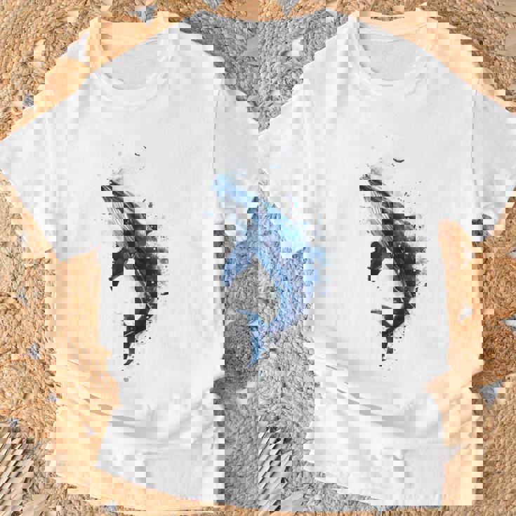 クジラ 水彩 海洋 動物 海の生物 青くじら デザイン Tシャツ 高齢者への贈り物