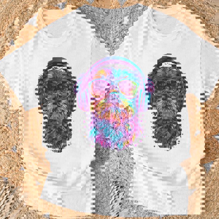 グリフォン ブリュッセロ 犬 音楽 ヘッドホン グリフォン ブリュッセル Tシャツ 高齢者への贈り物