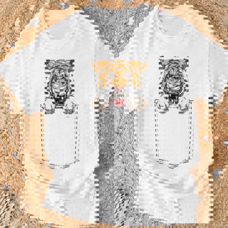 タイガー ポケットに入ったトラ 覗き見虎 長袖tシャツ Tシャツ 高齢者への贈り物