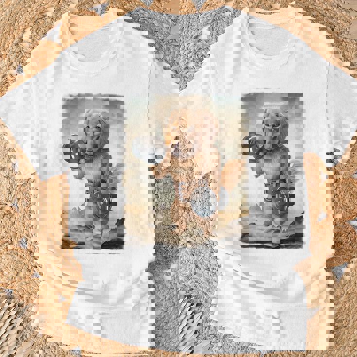 ダックスフンド 犬 筋トレ ウェイトリフティング ダンベル付き Tシャツ 高齢者への贈り物