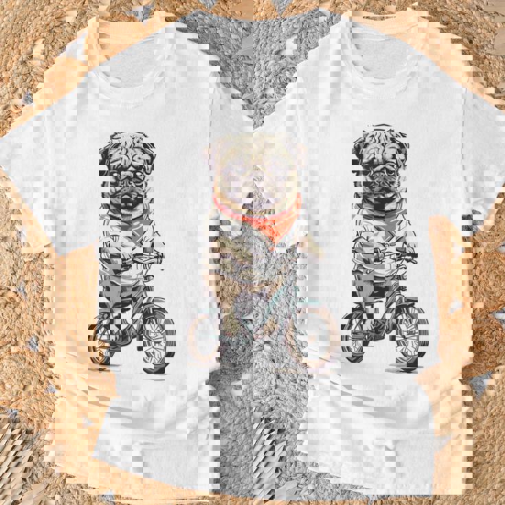 パグ いぬ イラスト パグ好き 犬好き 自転車 かわいい おもしろ レトロ かっこいい Tシャツ 高齢者への贈り物