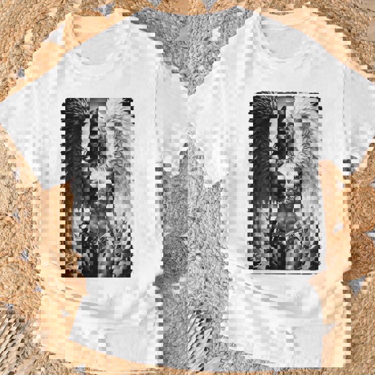 ピンナップガールtシャツ セクシーな天使の悪魔の女の子 B&W バックプリント Tシャツ 高齢者への贈り物