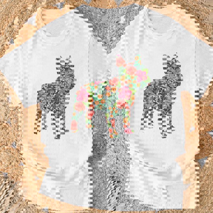 フレンチ ブルドッグ フラワー フローラル フレンチ ドッグ シルエット 犬 ペット Tシャツ 高齢者への贈り物