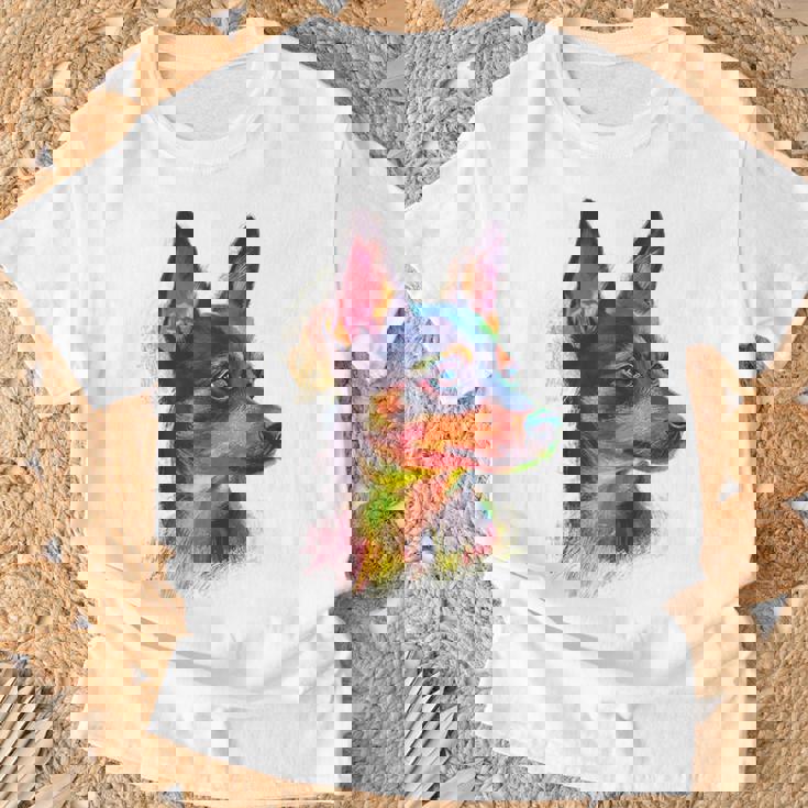 ミニチュア ピンシャー 犬 ペット アート カラフル ミニチュア ピンシャー Tシャツ 高齢者への贈り物