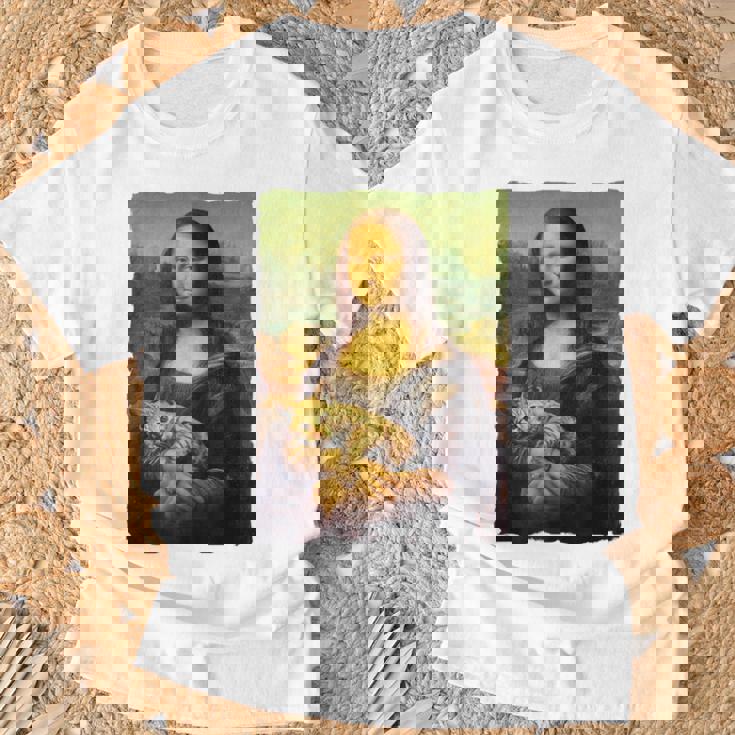 モナ・リザとオレンジ色の猫 面白いアートの絵 Tシャツ 高齢者への贈り物